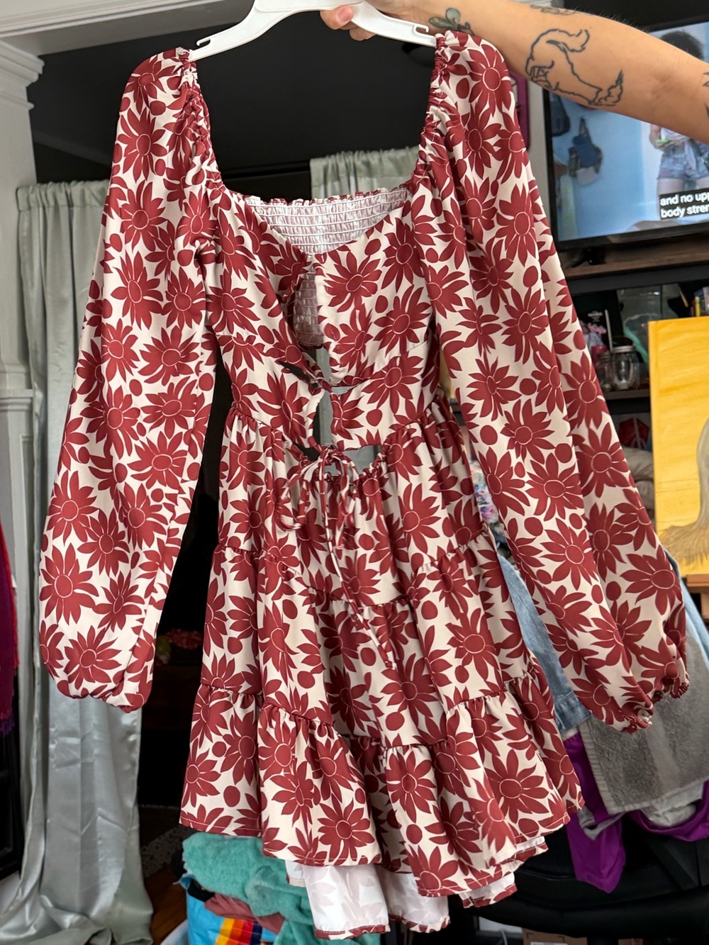RESA Floral Cutout Mini Dress XS Red Cream Long Sleeve Cottagecore
